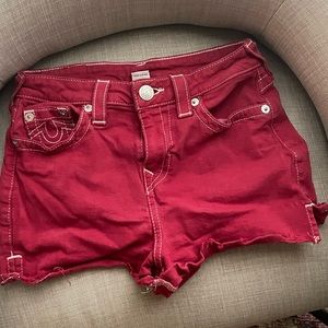 Red true religion denim shorts